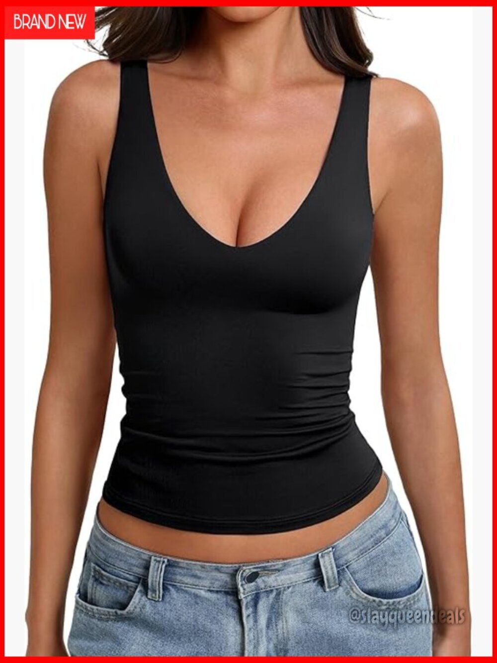 Slim Fit Plunge V-Neck Tank Top Double Lined Nylon Spandex Summer